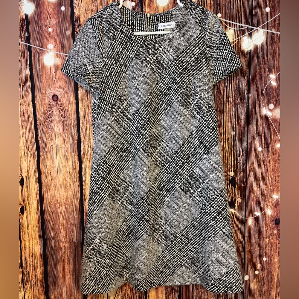 Calvin Klein Black and Gray Plaid A-Line Dress